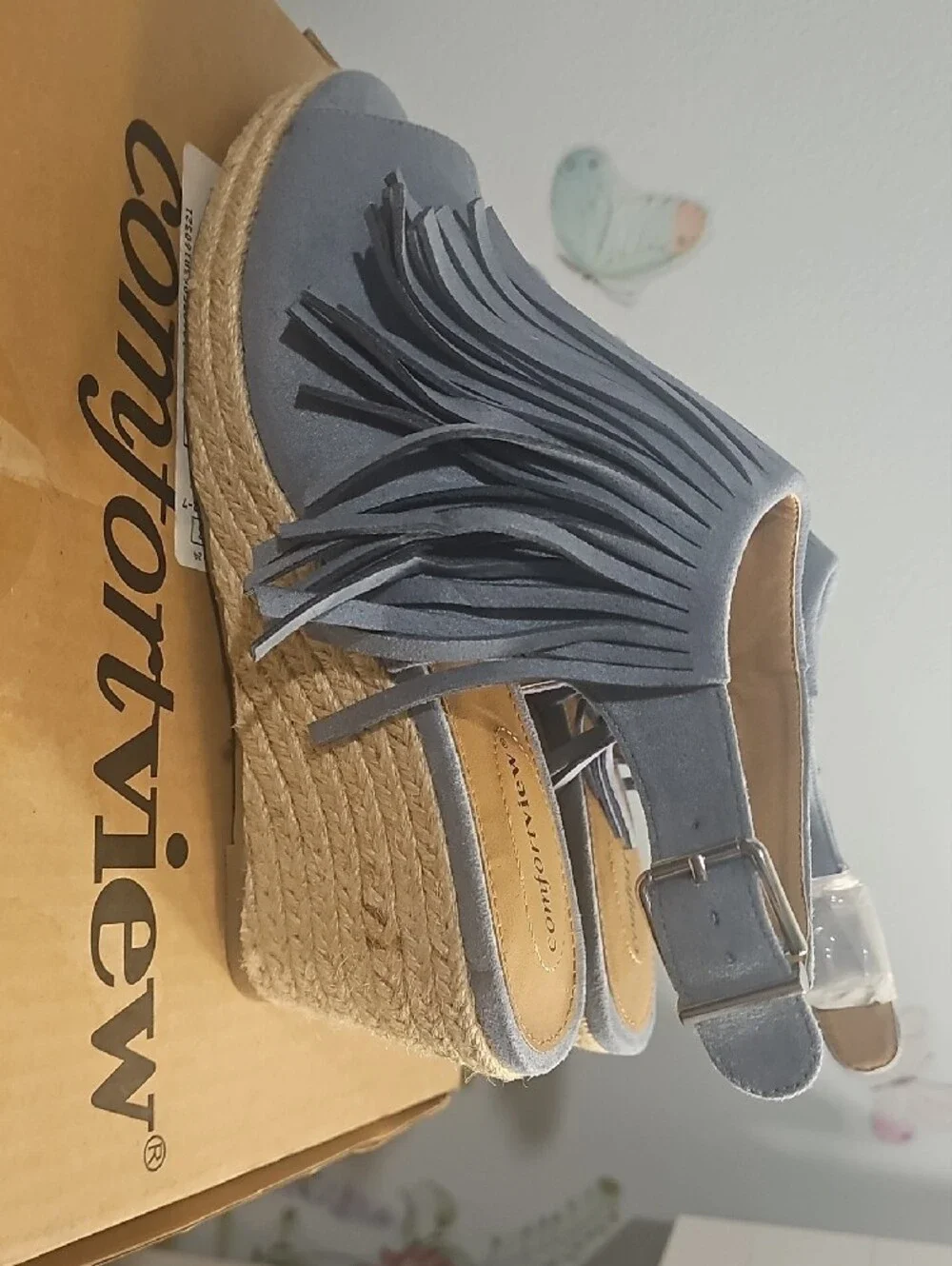 comfortview Light Blue Fringe Espadrille Wedge Sandals